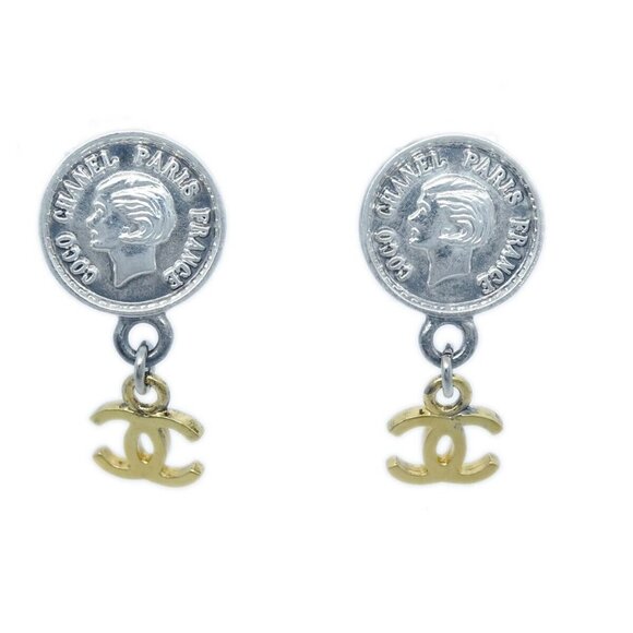 Chanel Dangle Earrings Gold Silver Clip-On 96P - Picture 1 of 4